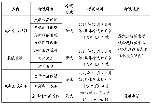 2024年黑龙江表（导）演类统考招生考试时间安排